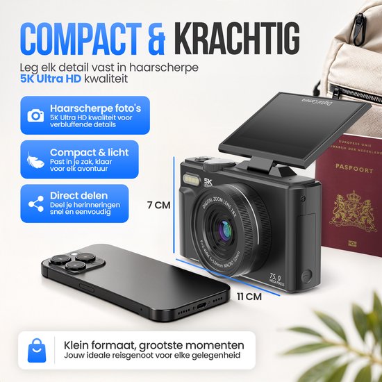 Strex Digitalkamera 5K 75 MP – Fotokamera – Kompaktkamera mit WLAN – Vlog-Kamera – Fotokamera für Kinder – 18-facher Zoom – schwenkbares Display – Schwarz