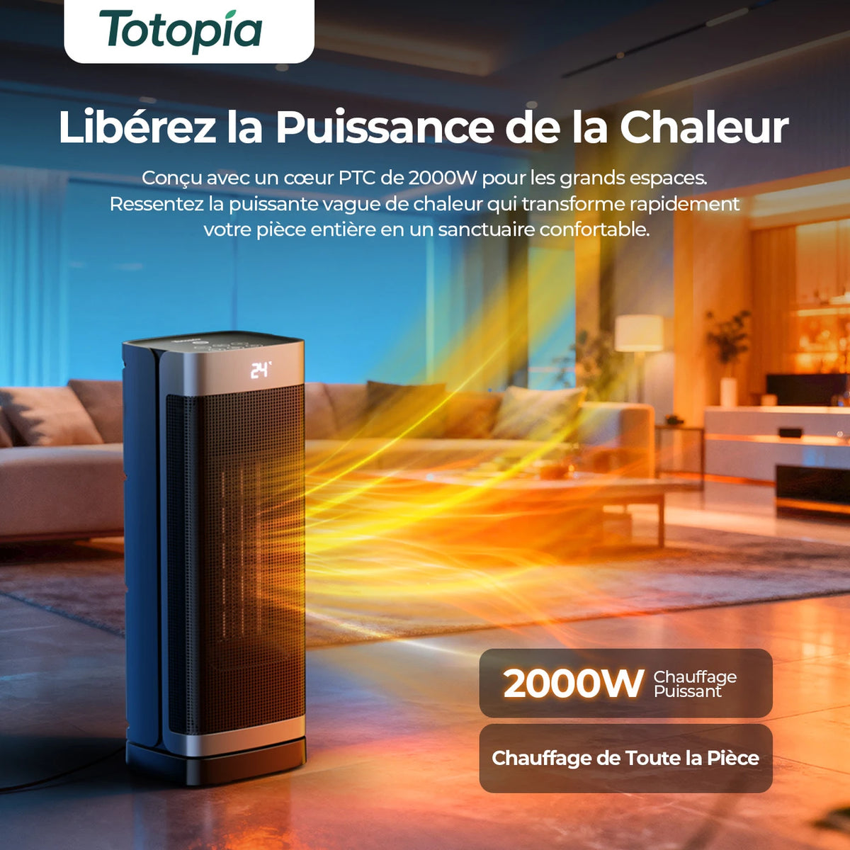 Totopia 2000 W Keramikheizung – PTC-Elektroheizung mit Fernbedienung – 12-Stunden-Timer – Schwenkfunktion – 40 × 15 × 12 cm – Schwarz
