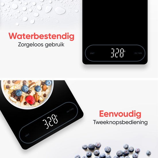 Kitchenwell Digitale Präzisions-Küchenwaage – Küchenwaage – 1 g – 12 kg – Tara-Funktion – USB – Schwarz