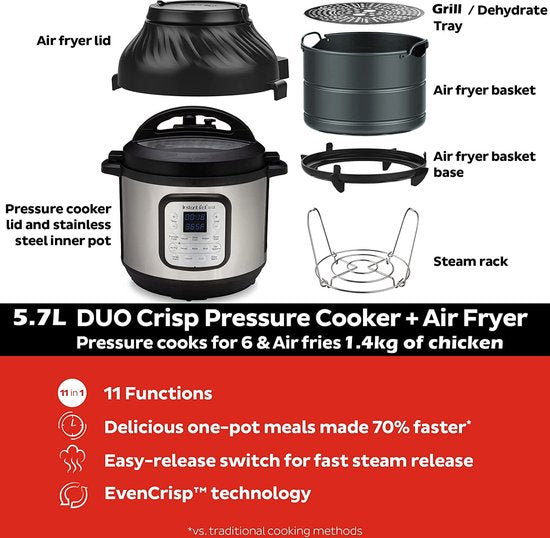 Instant Pot Duo Crisp 5,7 l Multikocher + Heißluftfritteuse – 11-in-1 – Schnellkochtopf – Slow Cooker – Sous-vide – Heißluftfrittieren – Dämpfen – Backen – Bis zu 6 Portionen