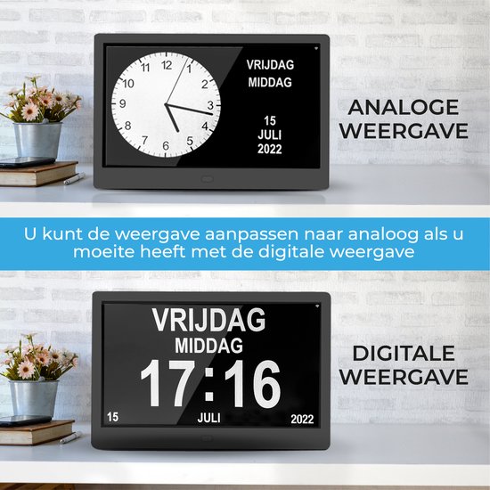 TTD® Demenz-Uhr XXL 10 Zoll mit extra langem Kabel - Kalenderuhr mit Tag, Datum & Wetter - Analog- & Digitalanzeige - 20 Alarme und 3 Medikamentenalarme - Wi-Fi - Für ältere Menschen, Sehbehinderte, Senioren und Alzheimer - Automatische Zeitsynchronisatio