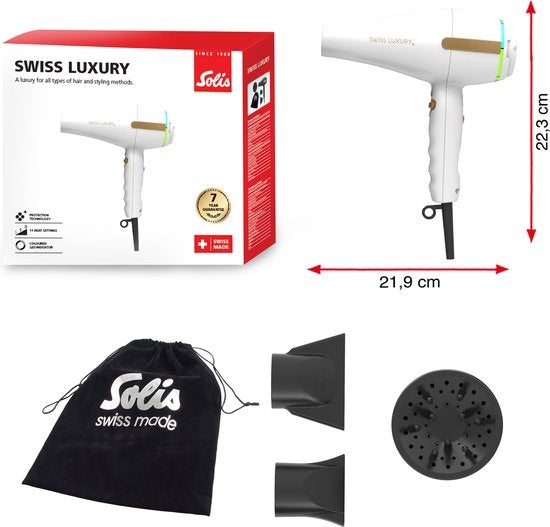 Solis Swiss Luxury Haartrockner – 2100 W – 11 Stufen – Ionenfunktion – Inkl. Stylingdüsen & Diffusor – Weiß