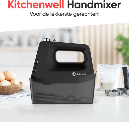 Kitchenwell - Handrührgerät - 10 Geschwindigkeitsstufen mit Turbofunktion - Knethaken und Rührbesen - Aufbewahrungshalter - schwarz