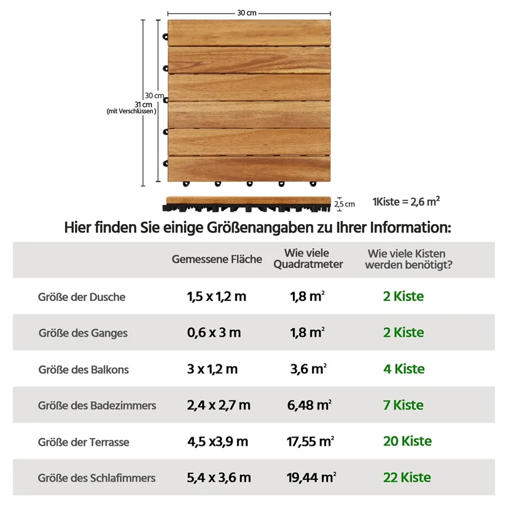 Yaheetech Terra Fliesen Akazienholz - 10er Set - 31 x 31 cm - Klicksystem - 0,96 m²