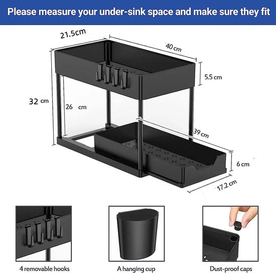 Nexxt Küchenschrank-Organizer - 2 Lagen - Regal mit ausziehbarer Schublade - Inklusive Haken und Tabletts - Spülen-Organizer - Schwarz