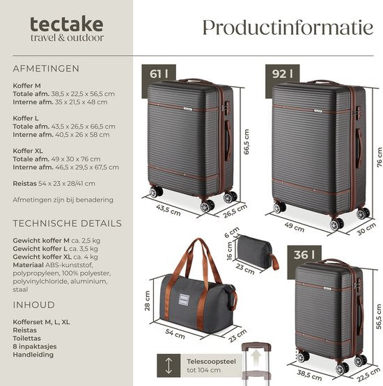 tectake® Kofferset - 13-teiliges Reiseset - Koffer - Kofferset - Reisegepäck-Set Inklusive Handgepäckkoffer, Geräumiger Reisekoffer groß, Reisetasche, Kulturbeutel, Zubehörtasche - Trolley mit TSA-Schloss - Anthrazit