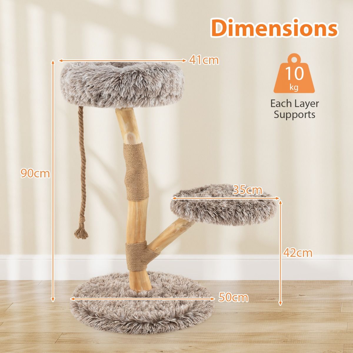 Coast Kratzbaum für Katzen – 3 Ebenen – Birnenholz und Jute – hellgrau und beige – 90 cm