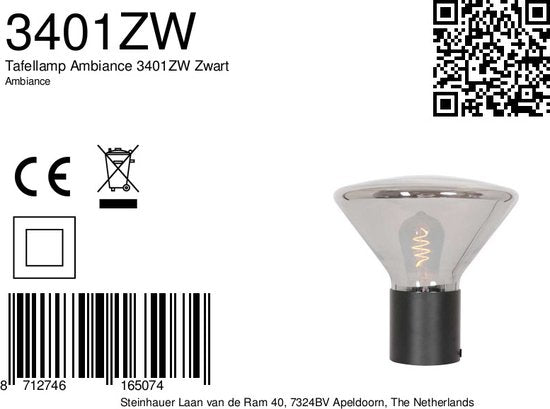 Tischlampe Ambiance 3401ZW Schwarz, 25 cm hoch, 26 cm Durchmesser, aus Elektronik, Glas und Metall, Steinhauer, zeitgenössisches Design für den Innenbereich