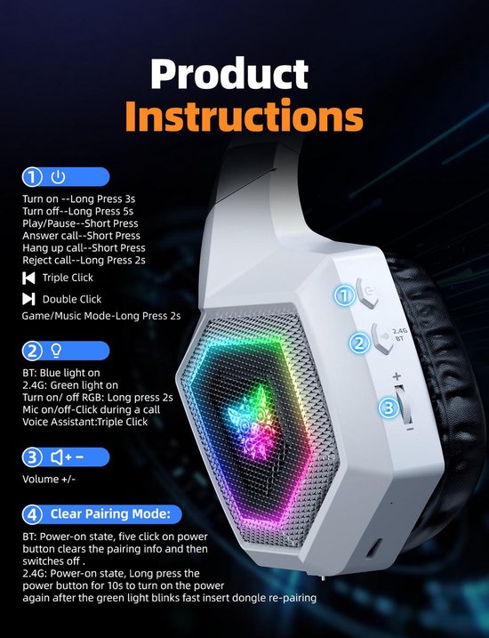 Onikuma GT806 Headset – kabelgebunden und kabellos, Kopfbügel, Gaming, Bluetooth, weiß