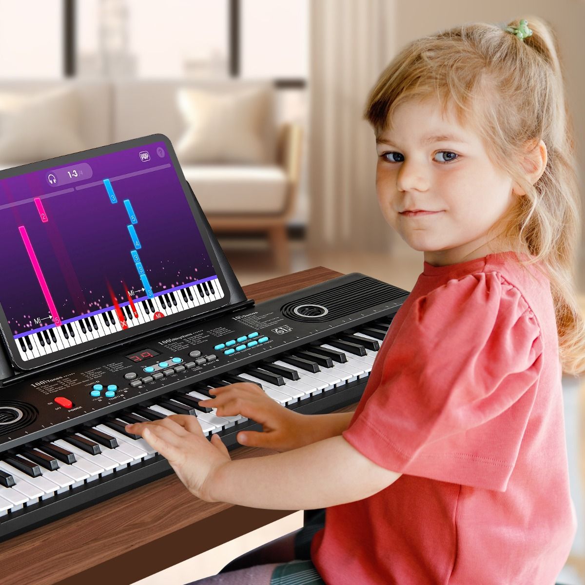 Coast Kinderkeyboard mit 61 Tasten, Ständer, Mikrofon und Tragetasche – 58 x 18 x 5 cm – Schwarz