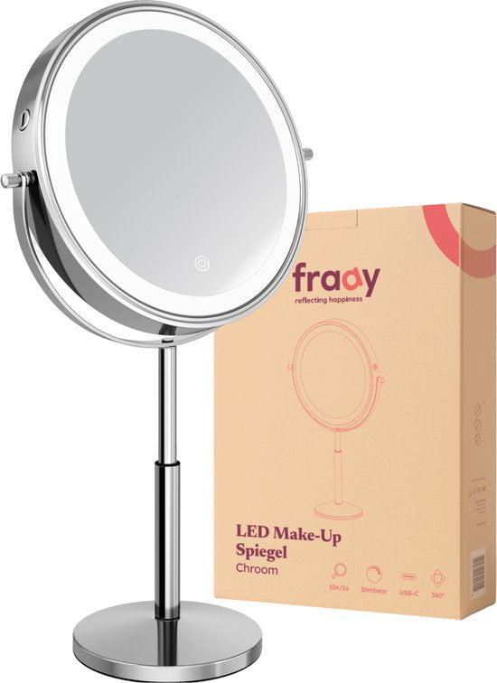Fraay® XL Make-up-Spiegel mit LED-Beleuchtung - 10-fache Vergrößerung - Vergrößerungsspiegel mit Licht - wiederaufladbar - Rasierspiegel - Badezimmerspiegel - Chrom