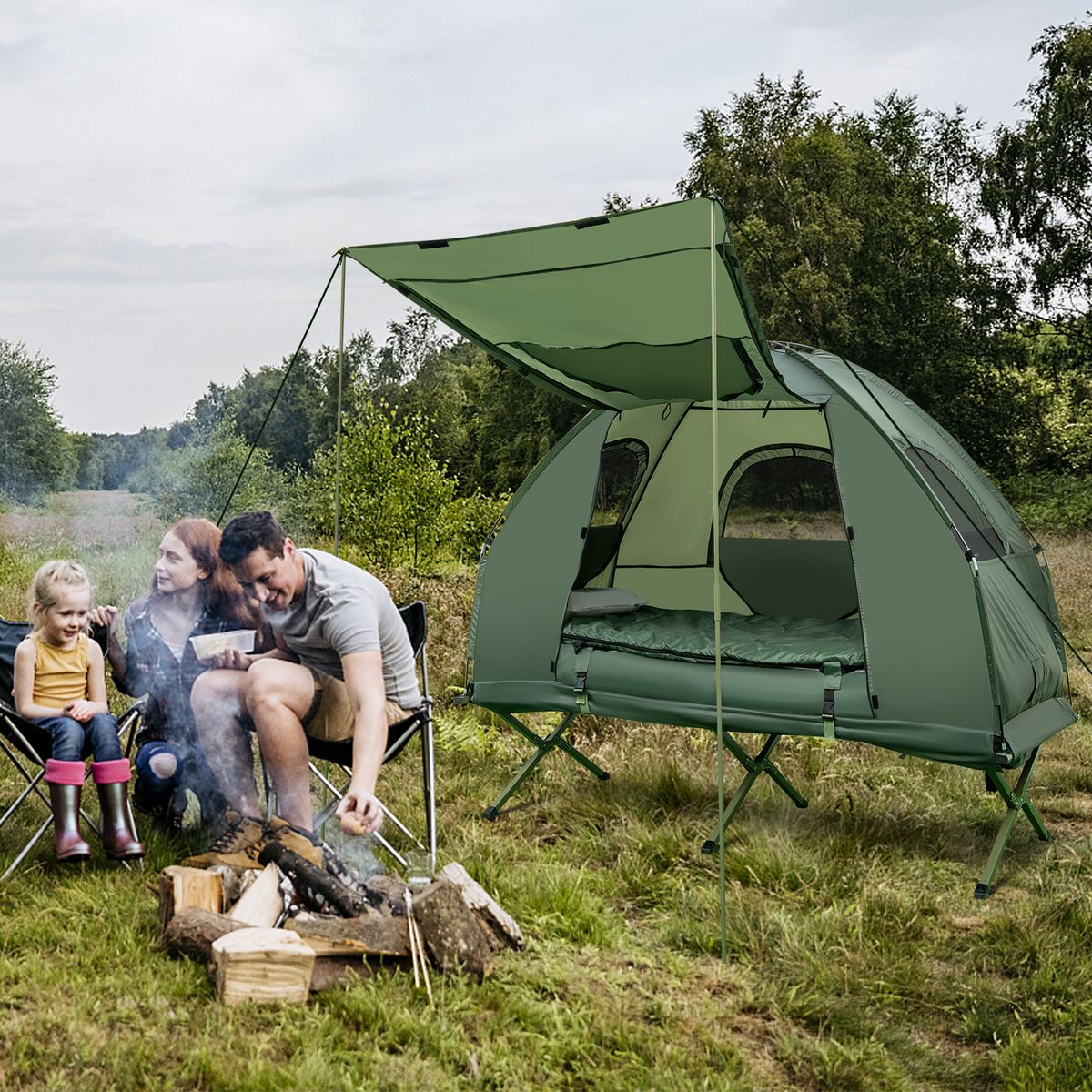 Coast Feldbett mit Zelt – 5-in-1-Camping-Set – Luftmatratze, Schlafsack und Kissen – Grün – 194 x 87 x 167 cm