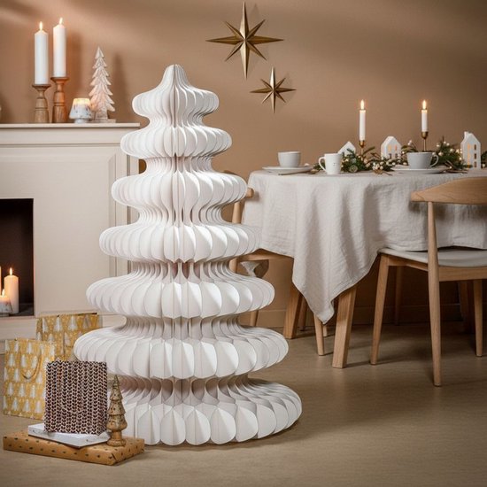 Mica Decorations Papier-Weihnachtsbaum – Zusammenklappbarer künstlicher Weihnachtsbaum – H 152 x Ø 104 cm – Weihnachtsdekoration – 100 % FSC – Weiß