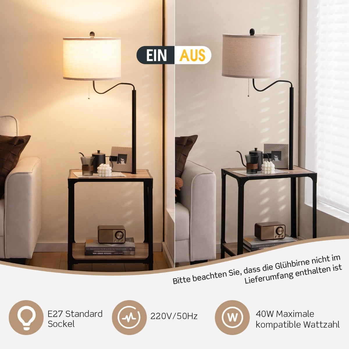 Coast moderne bijzettafel met tafellamp en 360 Â° roteerbare bedlamp 49 x 34 x 144 cm