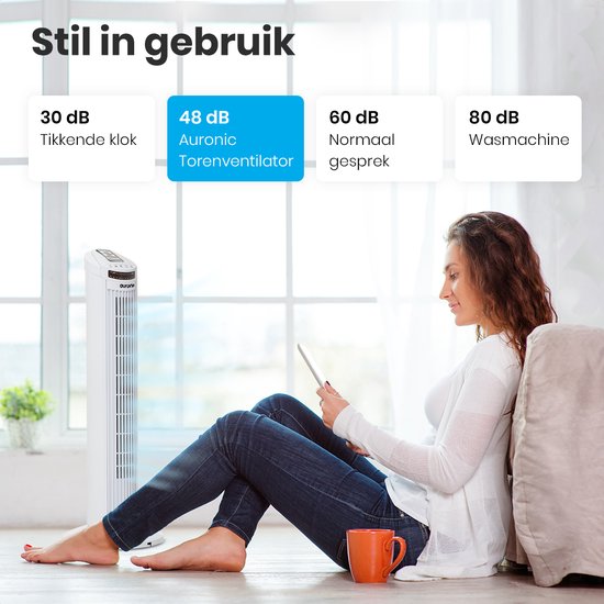 Auronic Tower Fan - Standventilator mit Fernbedienung - Timer - 50W - 45dB - 74cm - Weiß
