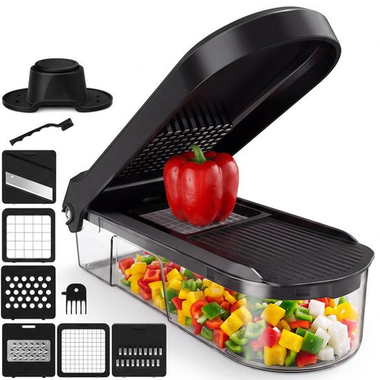 Toivo Kitchen Gemüseschneider – BPA-frei – Multifunktional – 7-in-1-Küchenmandoline – Manuell – Küchenzubehör – Küchenschneider – Zwiebelschneider – Spiralschneider – Pommes-Frites-Schneider – Schwarz