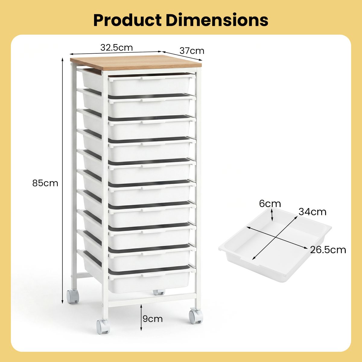 Coast Rollcontainer mit 10 Schubladen – stabiler Metallrahmen – Holzplatte – weiß – 37 x 32,5 x 85 cm
