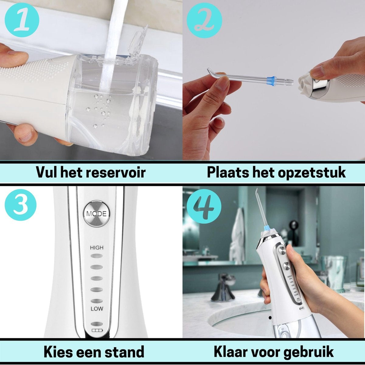 BOME Water Flosser mit 7 Aufsätzen - Mundspülung - Zahnstein vorbeugen - kabellos - 5 Stufen - Weiß
