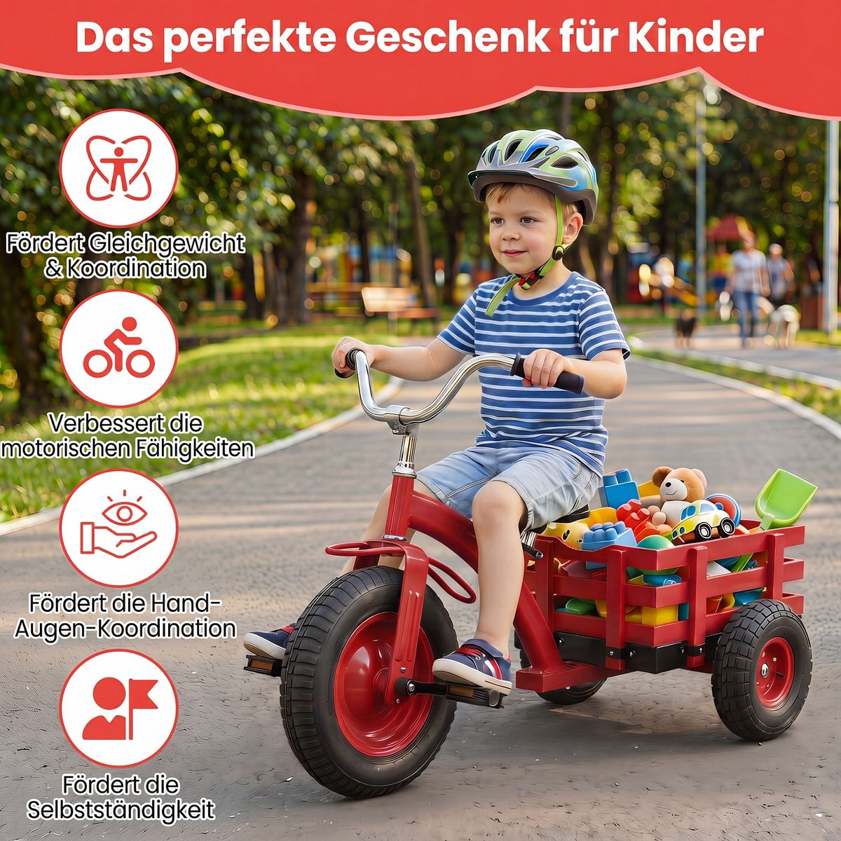 Coast Kinder-Dreirad mit verstellbarem Lenker und Sattel – mit Anhänger – rot
