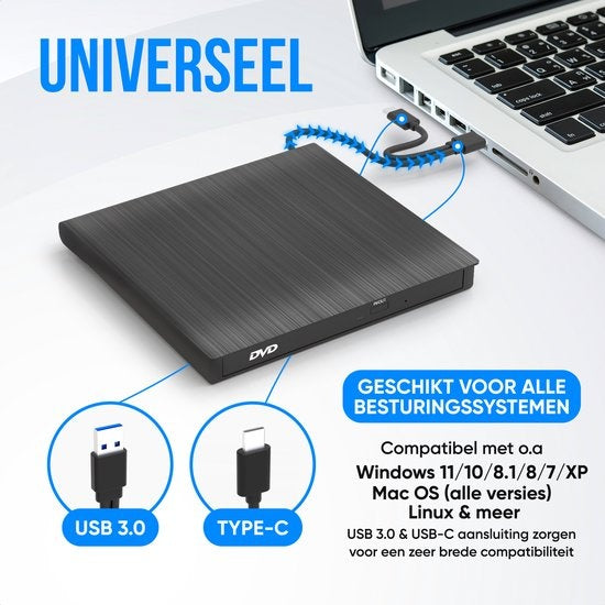 Strex - Externer CD/DVD-Player und -Brenner - Plug & Play - USB 3.0 - Geeignet für Windows, Mac und Linux - Schwarz