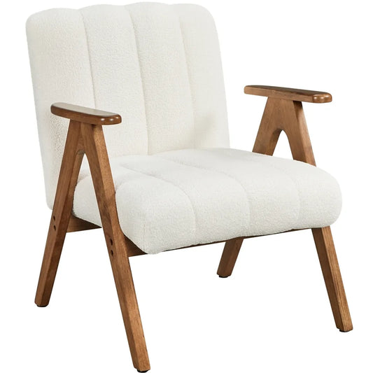 Yaheetech Sessel Weiß - Bouclé Lounge Chair mit Armlehnen und Holzbeinen - 60,5 x 68,5 x 73 cm