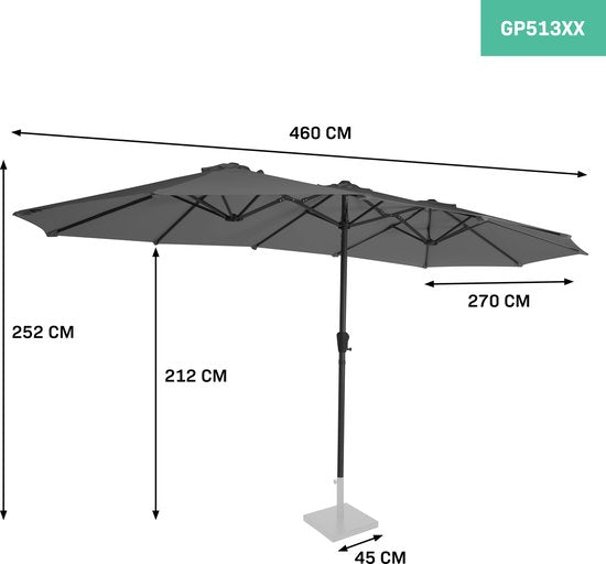 VONROC Premium Doppelter Sonnenschirm Iseo - 460x270cm - UV-beständiges Tuch - Inkl. Schutzhülle - Grau