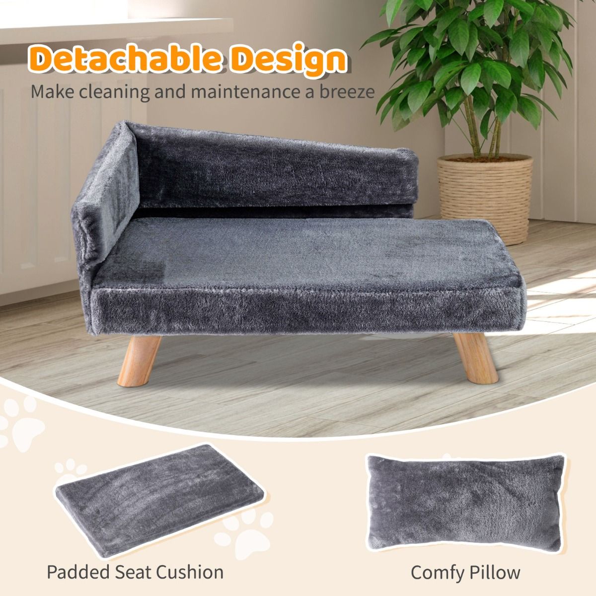 Coast Erhöhtes Haustierbett – Hundesofa mit abnehmbarem Kissen und Kopfkissen – Grau – 71 x 43 x 40 cm