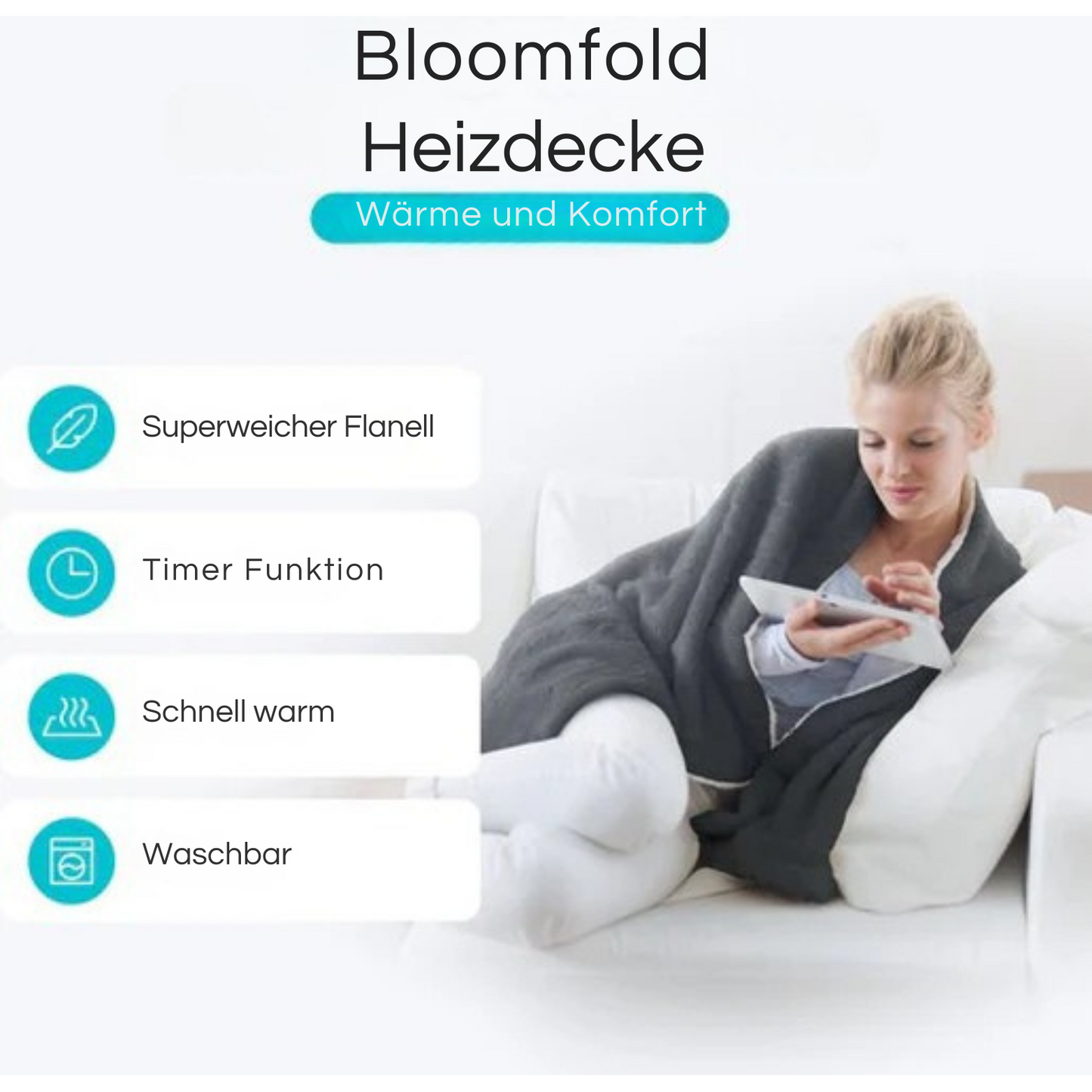 Bloomfold Elektrische Heizdecke - 160 x 130 cm - Waschbar - 9 Stufen - Mit Timer - Flanell - Grau