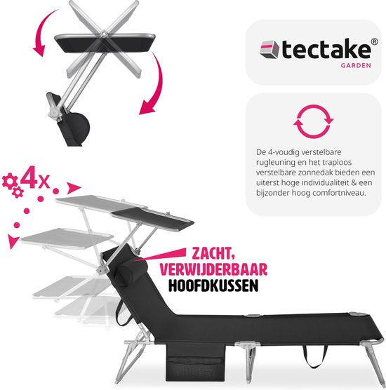 tectake Liege mit Seitentasche und abnehmbarem Kopfkissen - verstellbar - faltbar - 68 x 190 x 28 cm - Schwarz