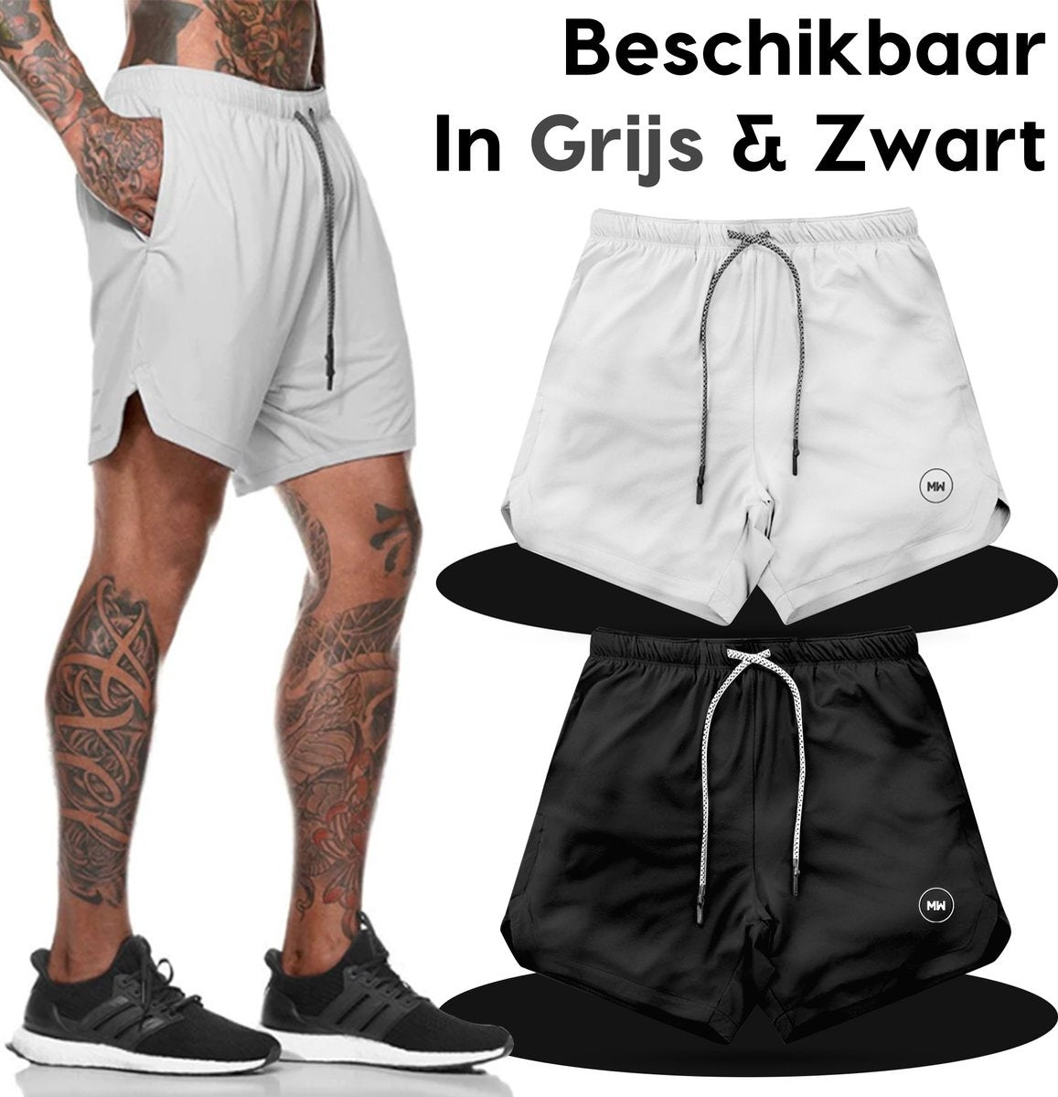 MWÂ¬Ã† - Sportbroek Heren - Fitnessbroek - Sportkleding - 2 in 1 Shorts - Hardloopbroek (Grijs - S)