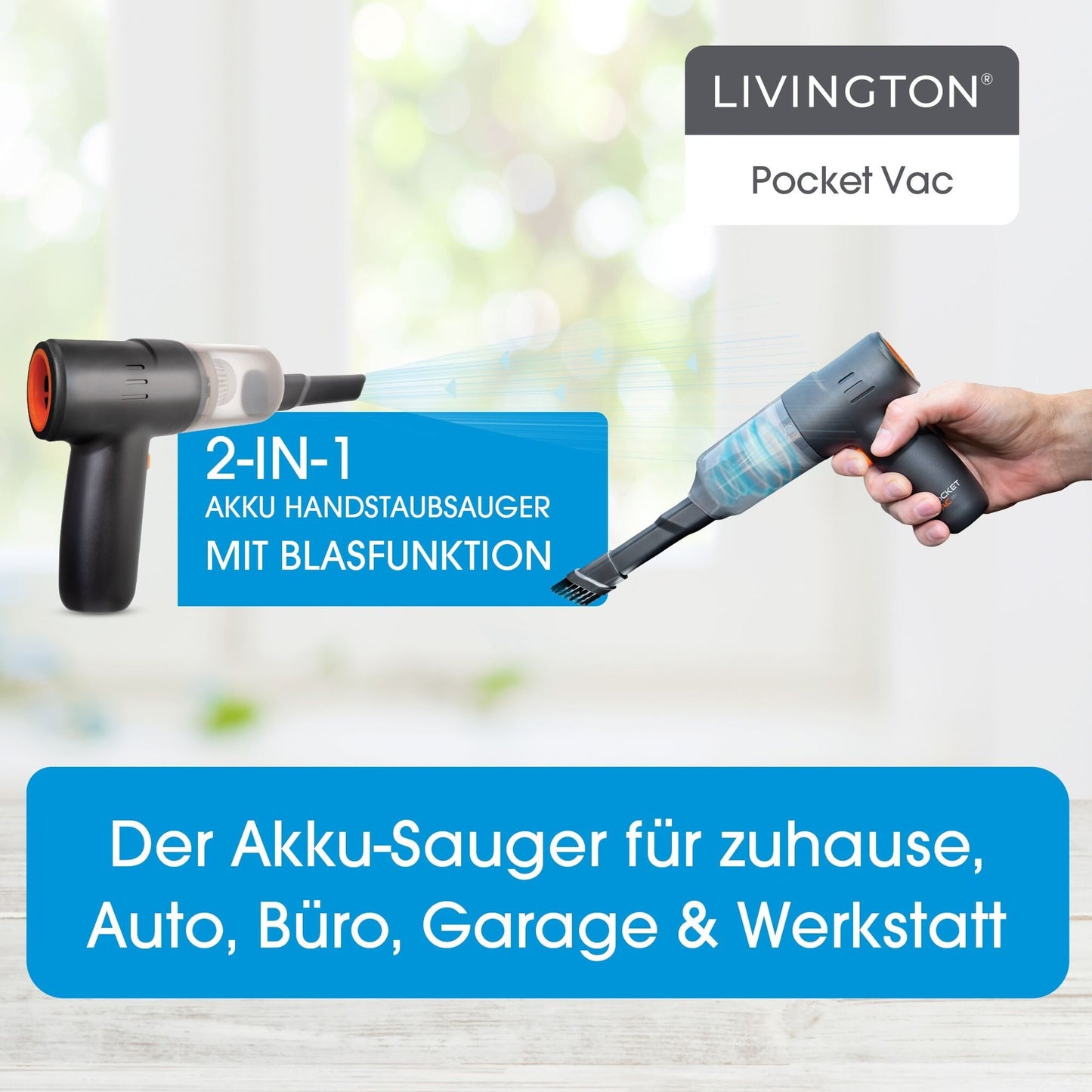 Livington PocketVac Kabelloser Handstaubsauger mit Gebläsefunktion – Kompakt – Leicht – Inklusive 5 Aufsätzen