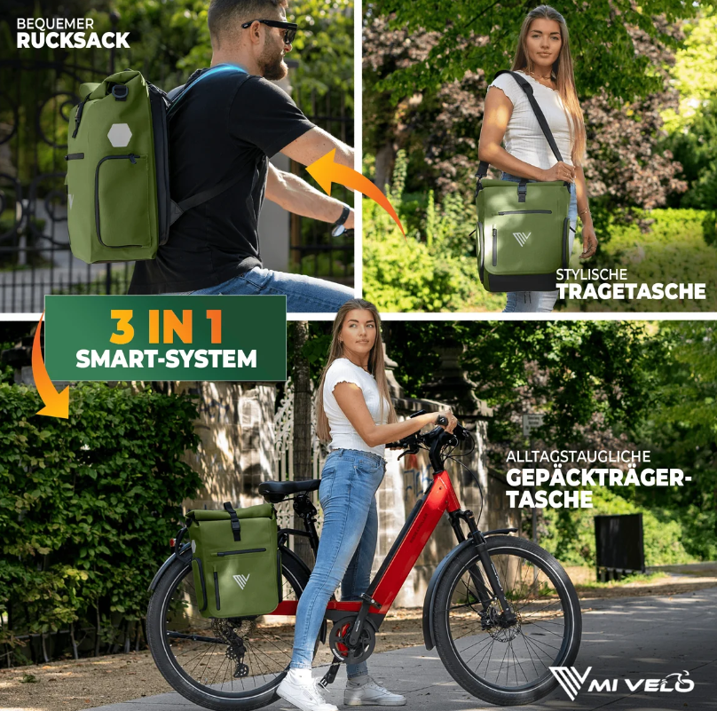 MiVelo EVO Fahrradtasche/Rucksack – 25 l – 100 % wasserdicht – 3-in-1 – Laptopfach – 60 x 30 x 15 cm