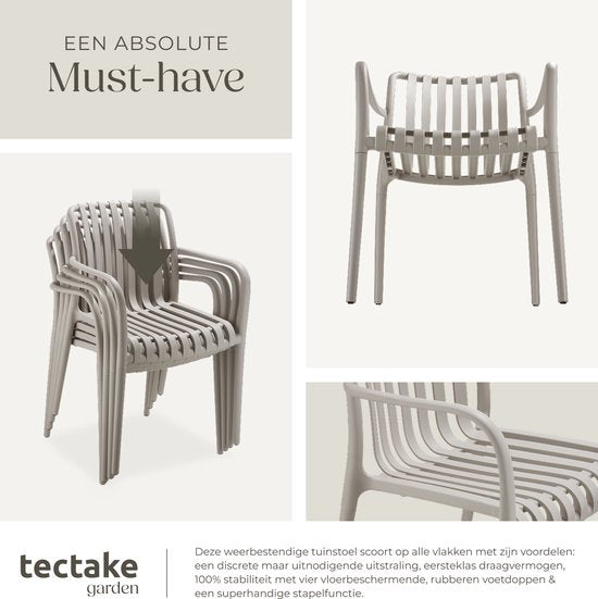 tectake® 4er Set Gartenstühle Alcudia - Taupe - Kunststoffstühle mit Armlehne - Stapelbar - Stühle für Garten, Terrasse oder Balkon - Wetterfest und UV-beständig - Belastbarkeit 120kg pro Gartenstuhl