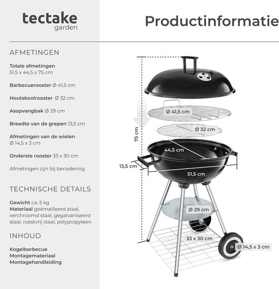 tectake® Holzkohlegrill – Kugelgrill – Grillplatte Ø 41,5 cm – Grill mit 2 Rädern – Smoker mit Deckel – rund – schwarz – Metall