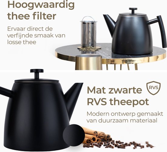 Vaja® Juliette Teekanne mit Filter - Teekanne - Doppelwandig - 1 Liter - Edelstahl Schwarz
