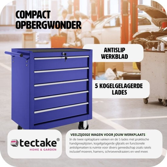 tectake - Werkzeugwagen mit 5 Schubladen - blau - 402798
