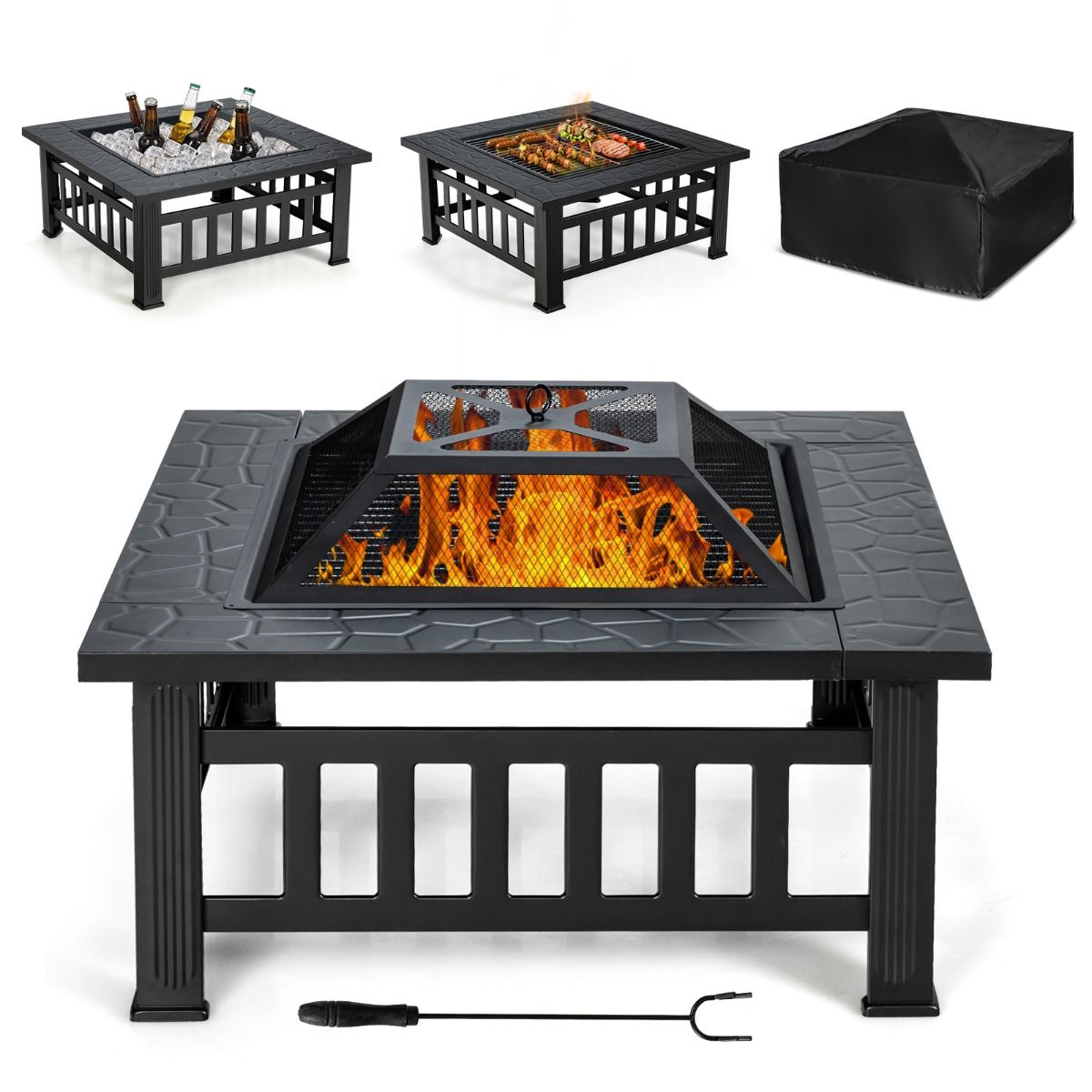 Coast quadratische Feuerstelle – 3-in-1-Feuerschale mit Tischfunktion – mit Grillrost und Eiskübel – schwarz 81 x 81 x 50 cm