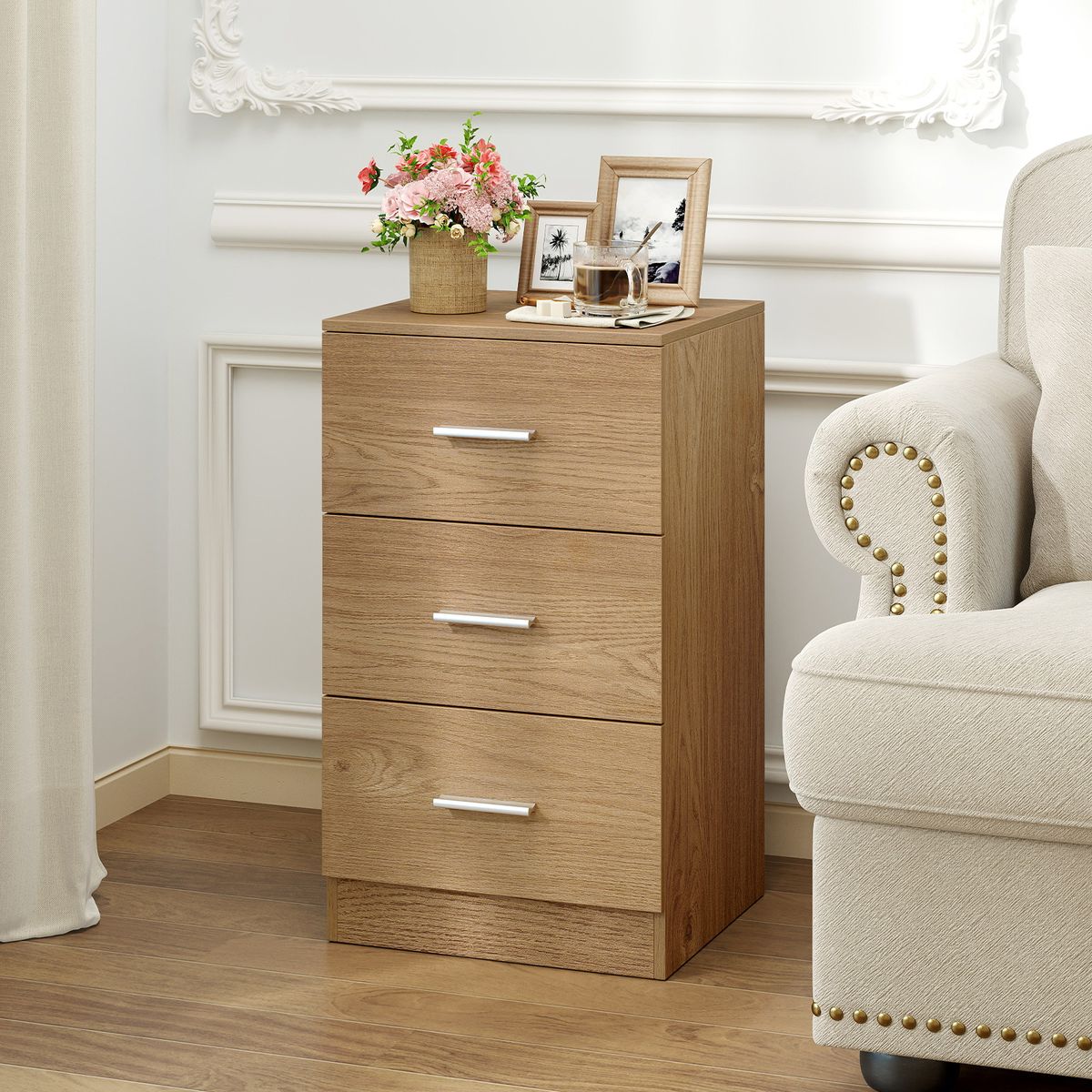 Coast Nachttisch – Kommode aus Holz mit 3 Schubladen – Modernes Design – Naturfarben 38 x 35 x 66 cm