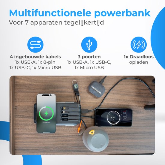 Nuvance Solar-Powerbank 20.000 mAh – 22,5-W-Schnellladegerät – USB-C & USB-A – 4 integrierte Kabel – kabellose Powerbank 15 W – Notfallpaket – Solar-Powerbank