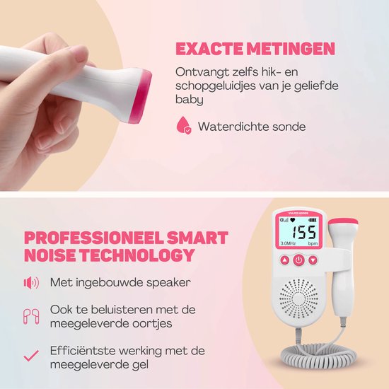 Vulpes Goods® BabyCare - Doppler Baby PRO - Baby-Herzmonitor - Fetal-Doppler - Herzschlag-Baby-Doppler - Echo-Gerät - Schwangerschaftsgeschenk - Pink - Inkl. Ultraschall-Gel und Ohrstöpsel