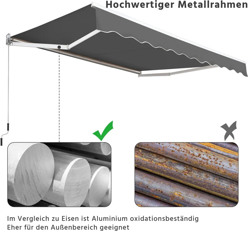 Yaheetech Gelenkarmmarkise 300 × 250 cm - Dunkelgrau - Manuelles Sonnensegel mit Kurbel und verstellbarem Winkel 5-35°