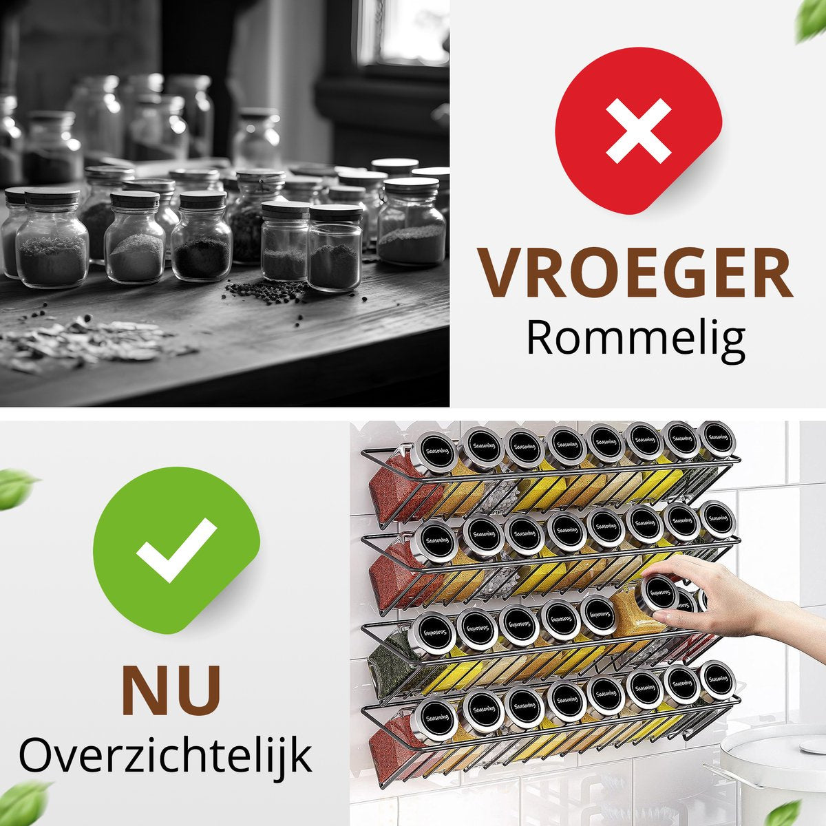 SV Living Gewürzregal Schwarz 37,3x11,9x6 cm - 32 Glasgewürzdosen mit Zubehör - Aufhängbar mit oder ohne Bohrer