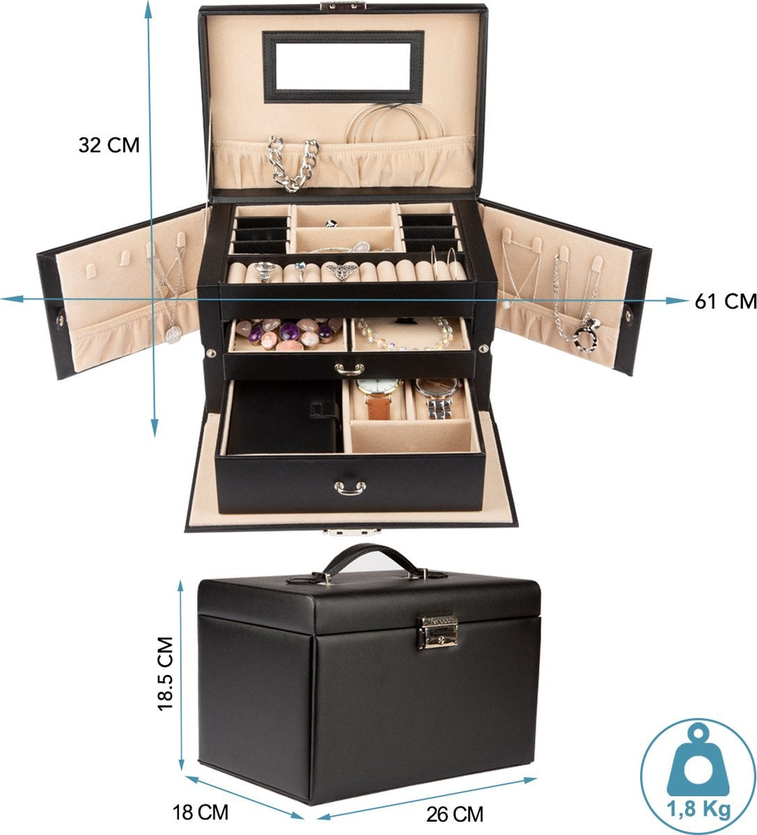LifeGoods Schmuckkästchen XL - Schmuckaufbewahrung - 20 Fächer - Schwarz/Beige