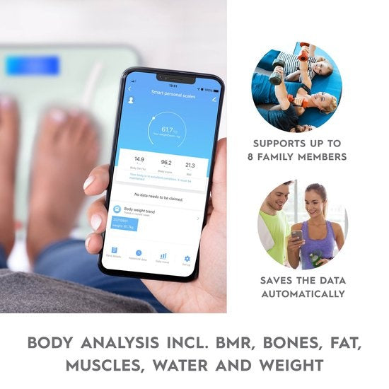 alpina Smart Home - Intelligente Personenwaage - mit Körperanalyse - inklusive Gewicht, Fettanteil und Muskelmasse - mit App - bis zu 8 Benutzer