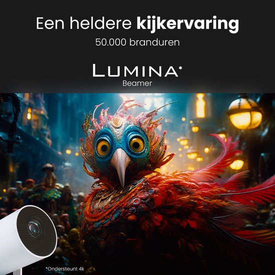 Lumina® Pro Mini Beamer 2026 - Android 14 Smart Projektor mit Google Playstore - Heimkino - Für iOS & Android - WiFi 6 & Bluetooth 5.4 - Weiß