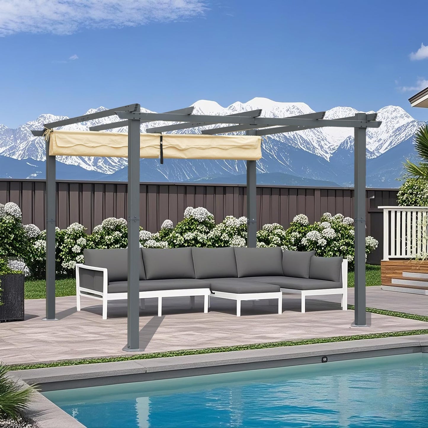 Angel Living Aluminium-Terrassenpergola mit einziehbarem Dach – 3 x 4 m – Beige