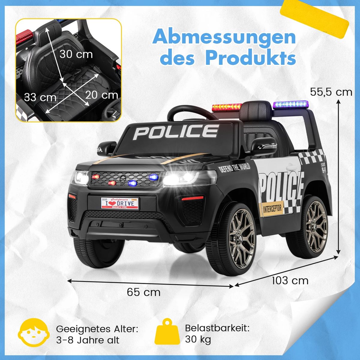 Coast Elektrisches Kinderpolizeiauto – mit Fernbedienung – Sirene und LED-Beleuchtung – schwarz