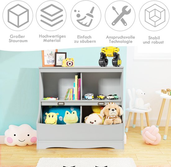 COSTWAY Kinderregal, Spielzeugregal mit 4 Fächern, Kinderbuchregal, Aufbewahrungsregal, Spielzeugorganisator für Kinderzimmer und Spielzimmer, 67 x 40 x 62 cm, grau