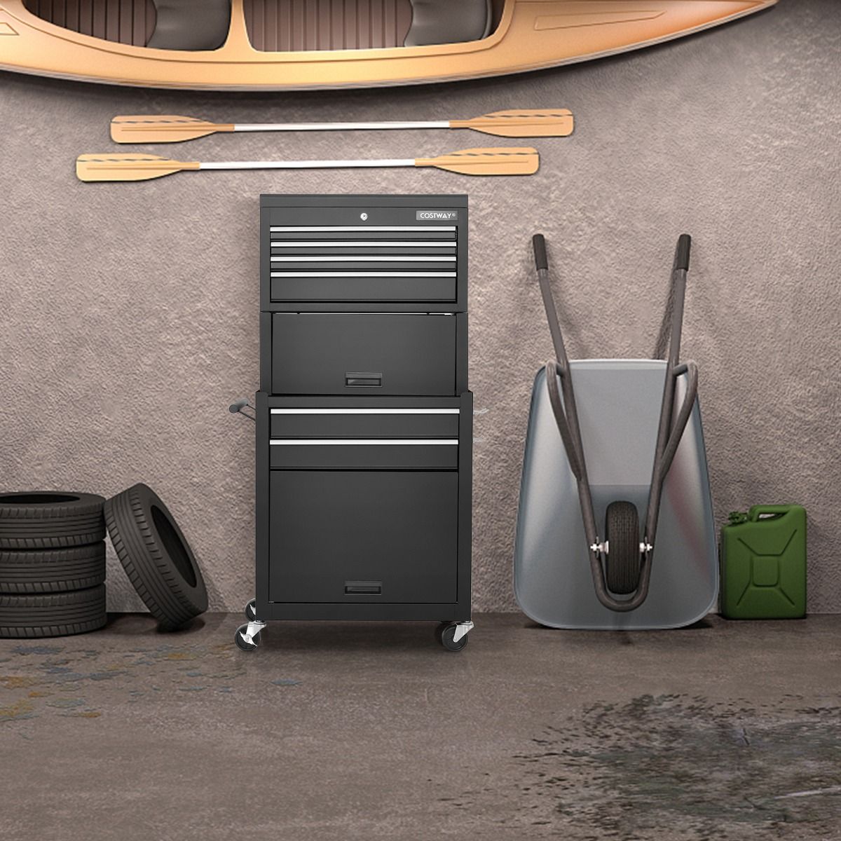 Coast Werkstattwagen mit Schubladen und herausnehmbarem Werkzeugkasten, schwarz, 61,5 x 33 x 132 cm, rollende abschließbare Aufbewahrungslösung