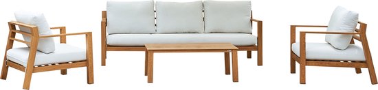 AXI Orla Stuhl-Sofa-Lounge-Set, 4-teilig, Holzoptik/Beige – 2 Stühle und ein Sofa mit Tisch – Rahmen aus pulverbeschichtetem Aluminium – für 5 Personen